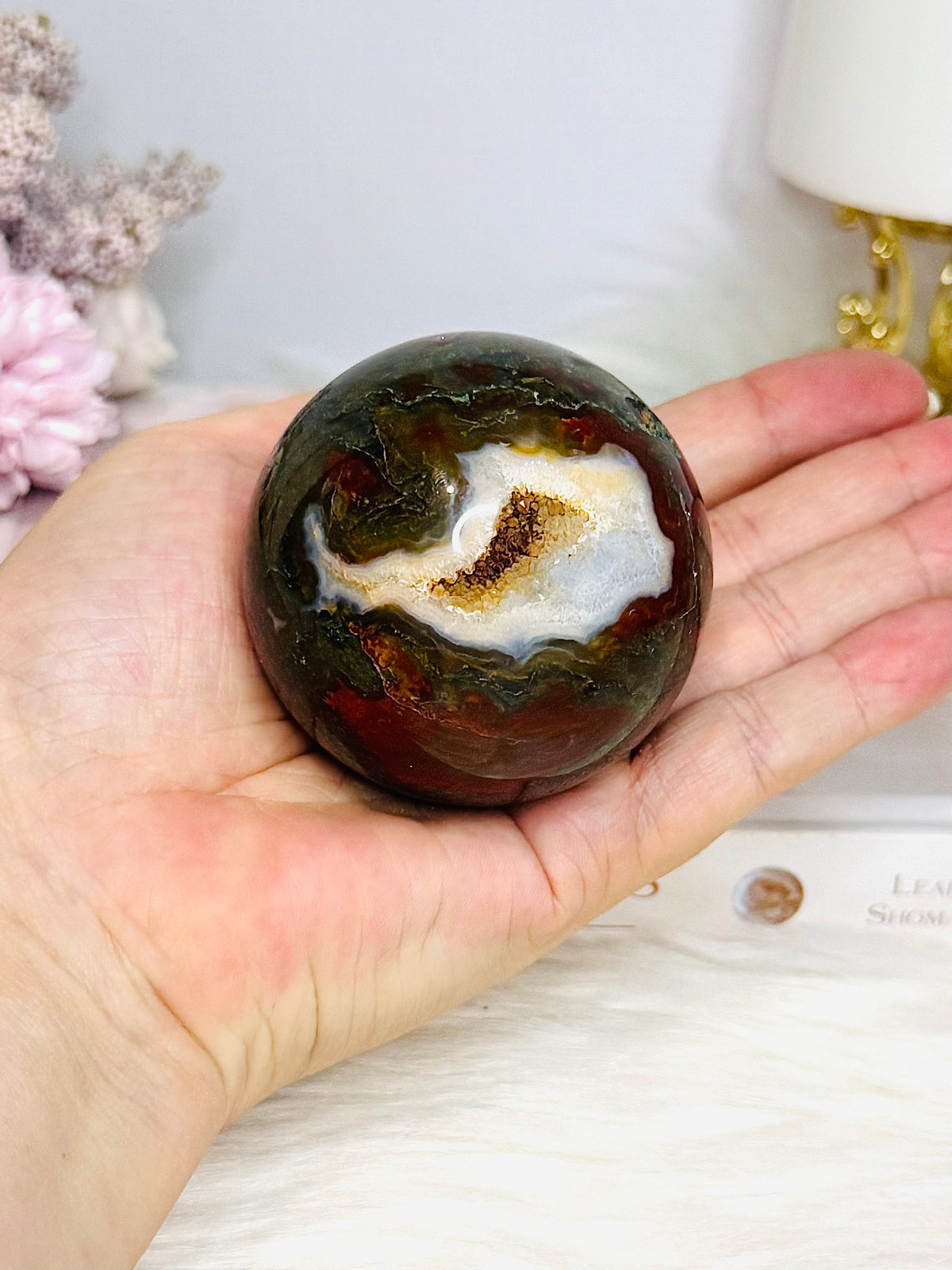 Druzy Red Moss Agate Sphere on Stand 303g