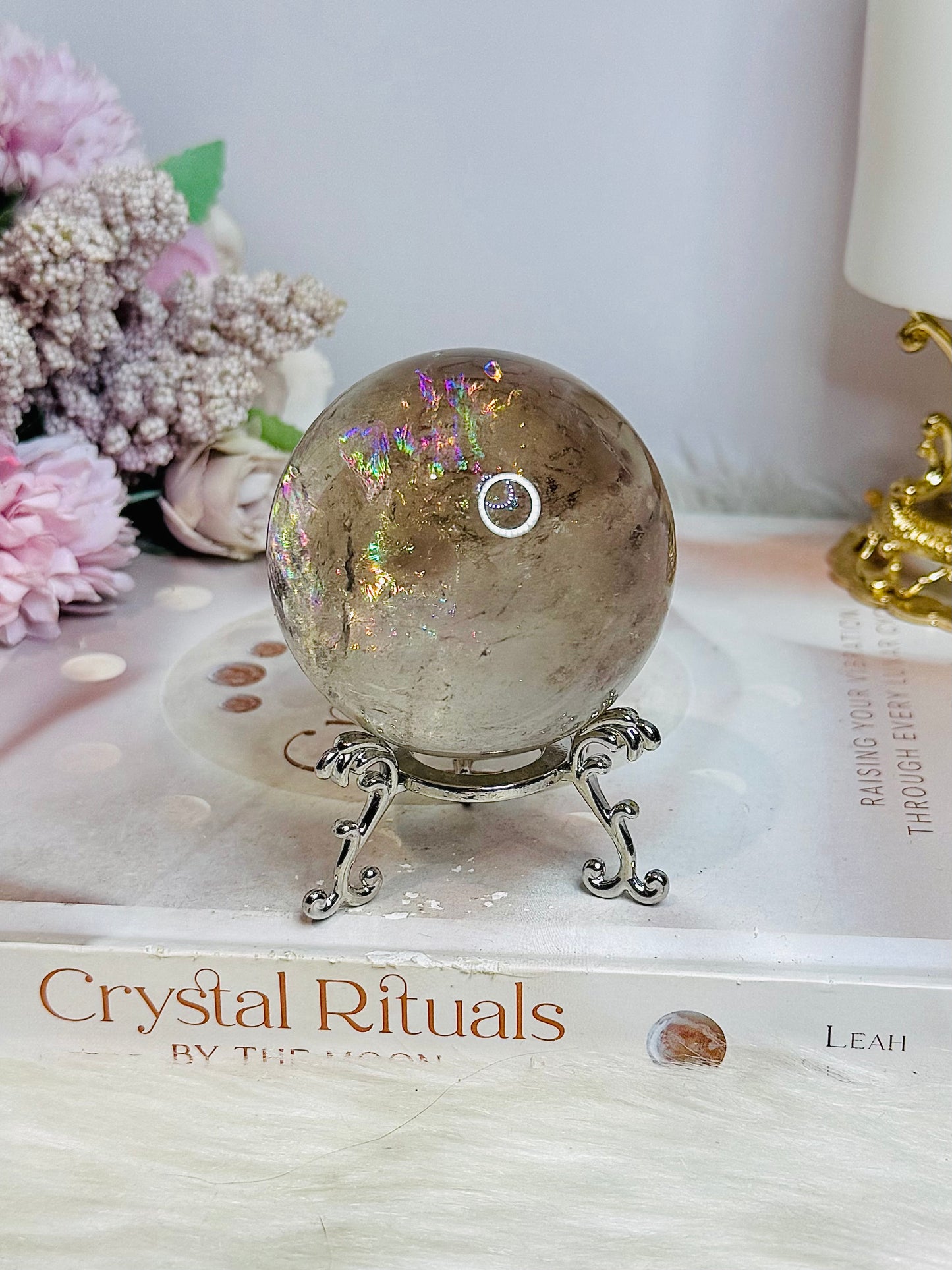 High Grade Smokey Quartz Sphere Full of Rainbows on Stand 307g