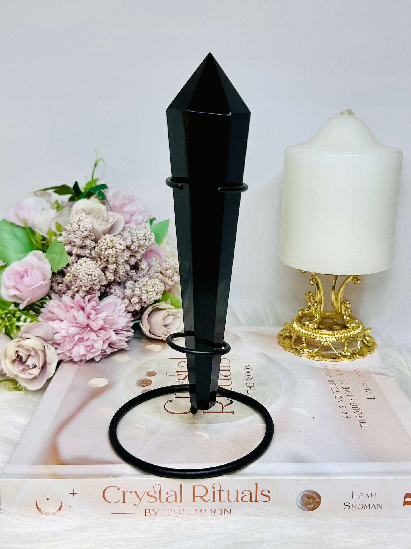Large Black Obsidian Wand | Tower 18cm On Stand