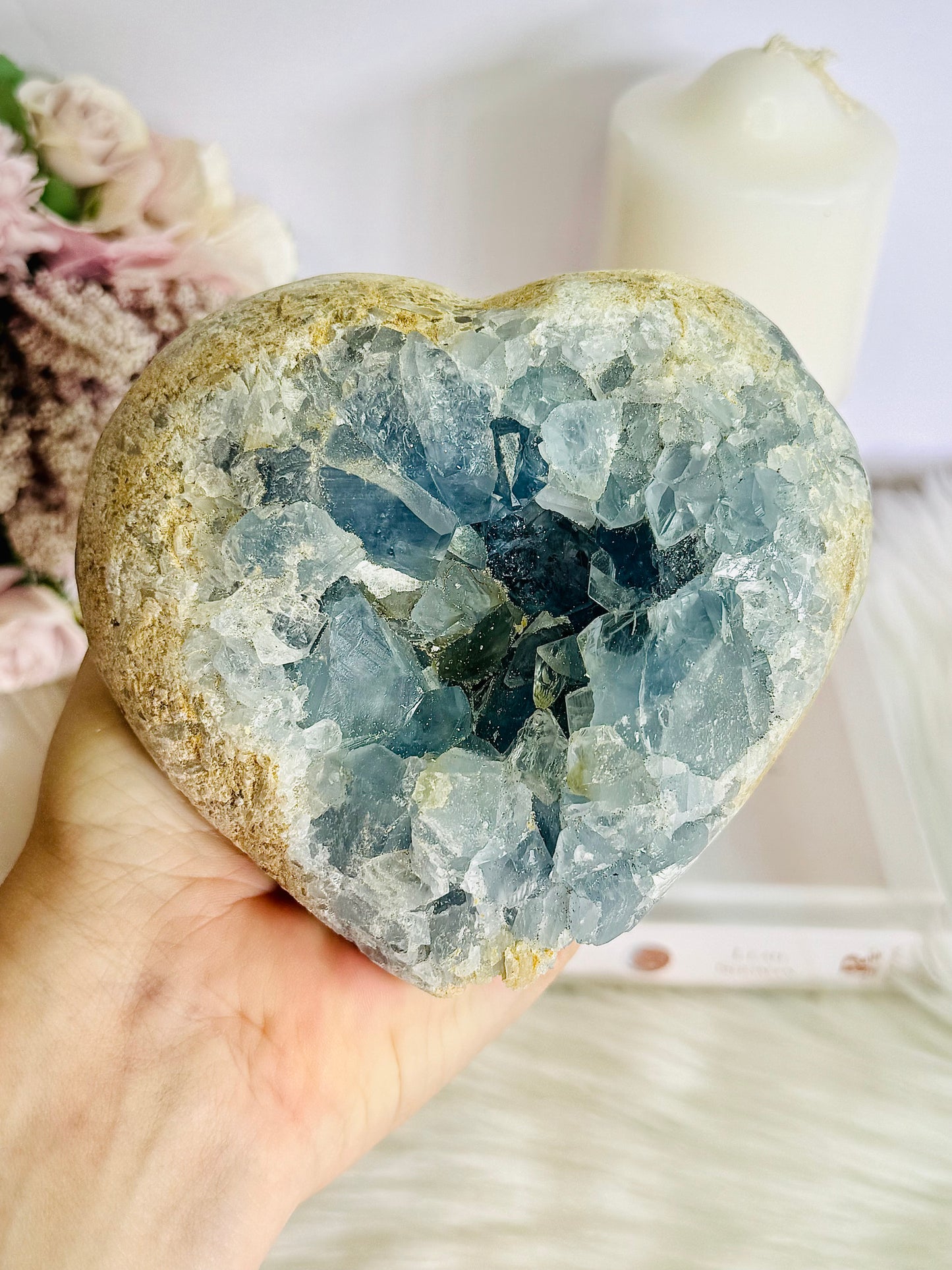 Huge 1.65KG Natural Blue Celestite Cluster Carved Heart