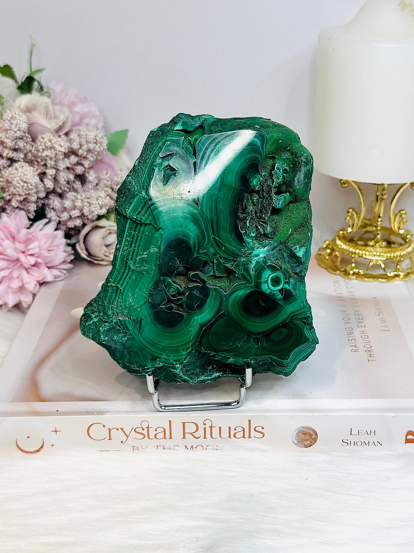 Large Thick Natural AAA Malachite Slab From Congo On Stand 12cm 489g
