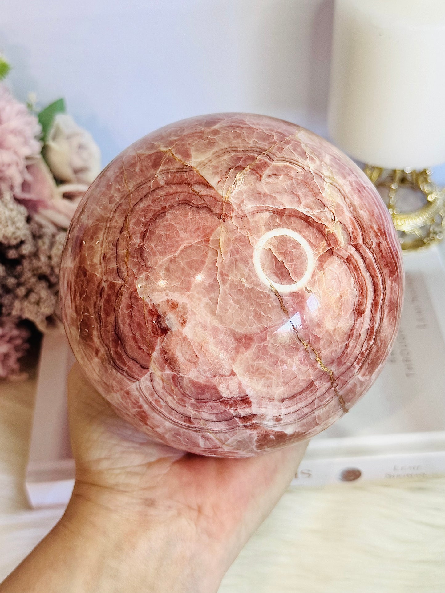 Huge 2.3KG Red Banded Calcite | Pork Stone Sphere On Stand