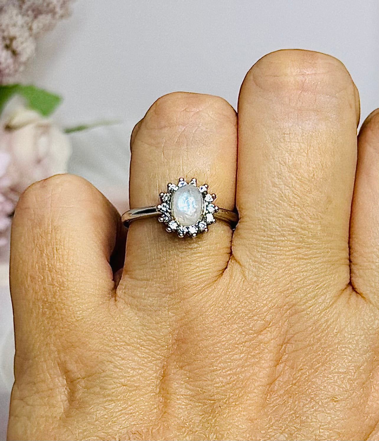 Moonstone Adjustable Ring with Blue Flash