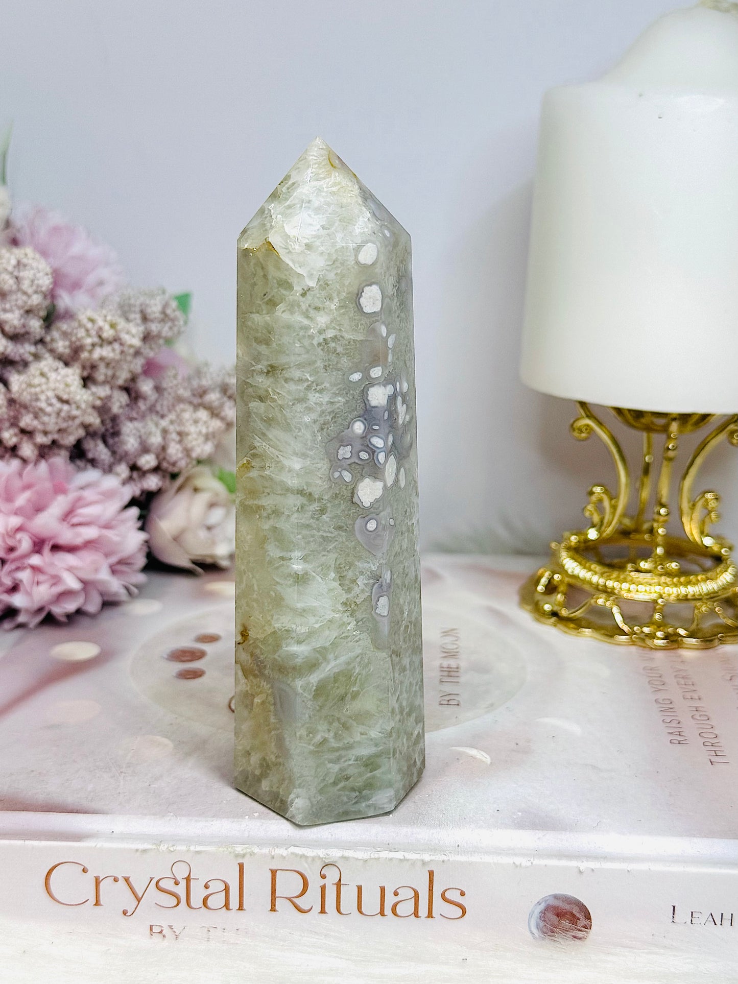 High Grade Large Green Flower Agate Tower 12.5cm