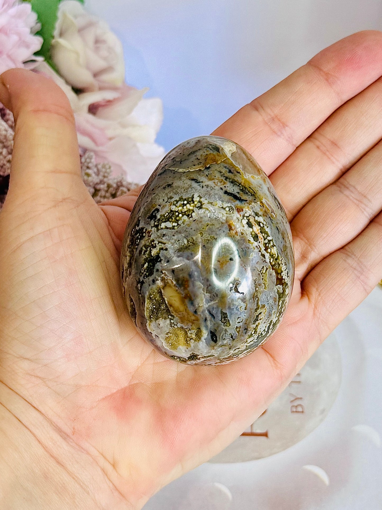 Absolutely Beautiful Druzy Orbicular Ocean Jasper Egg 7cm On Stand