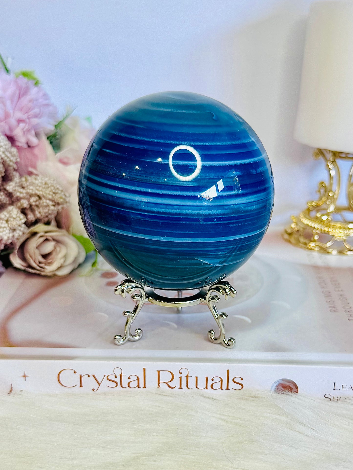 Gorgeous Large 702gram Blue Agate (dyed) Sphere On Stand