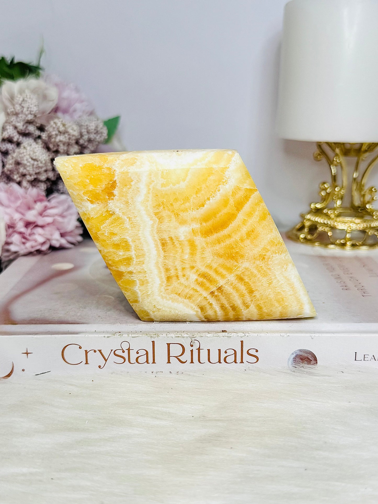 Orange Calcite Diamond Carving On Stand 18cm