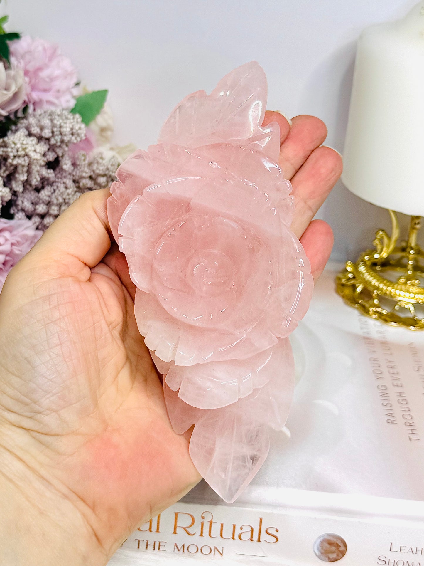 Large Rose Quartz Carved Rose on Stand 15cm