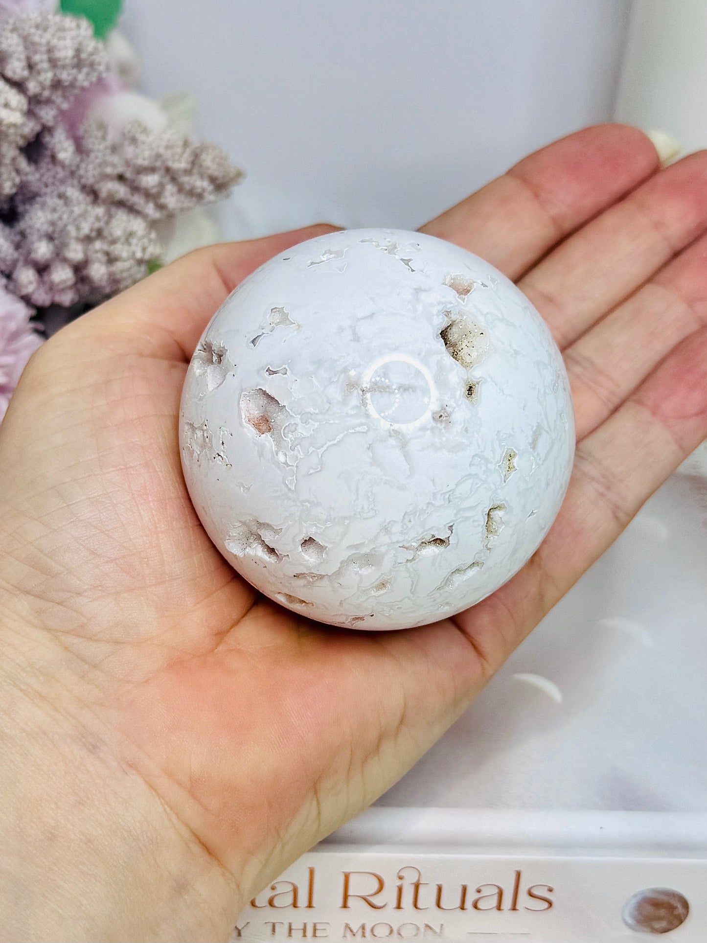 Large White Druzy Agate Sphere on Stand 297g