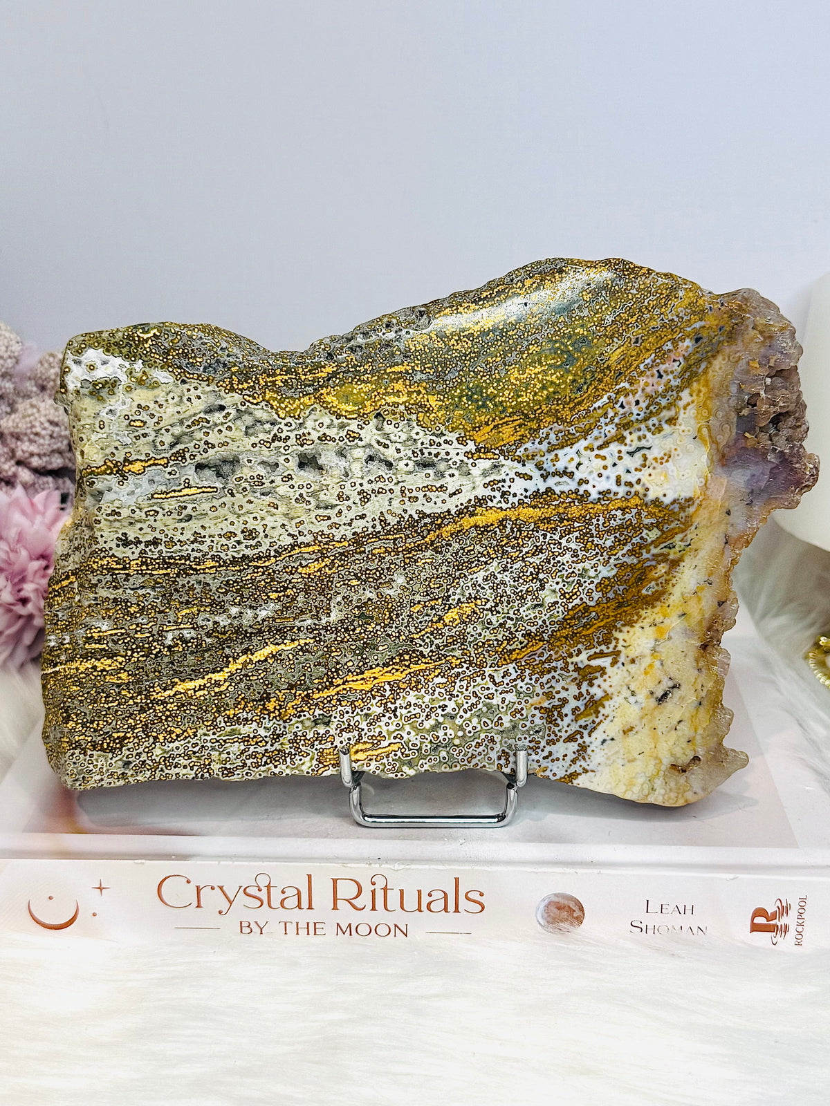 Large High Grade Ocean Jasper Druzy Slab On Stand 18cm 826g