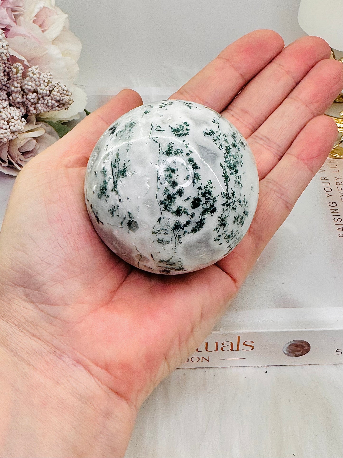 Beautiful Natural 274gram Moss Agate Sphere on Stand with Imperfections