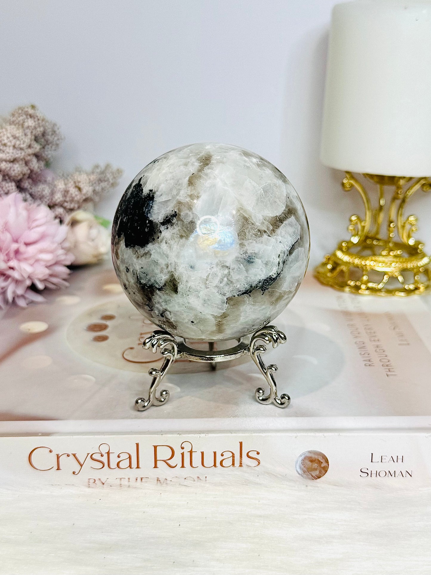 Large Rainbow Moonstone Sphere with Blue Flash 464g