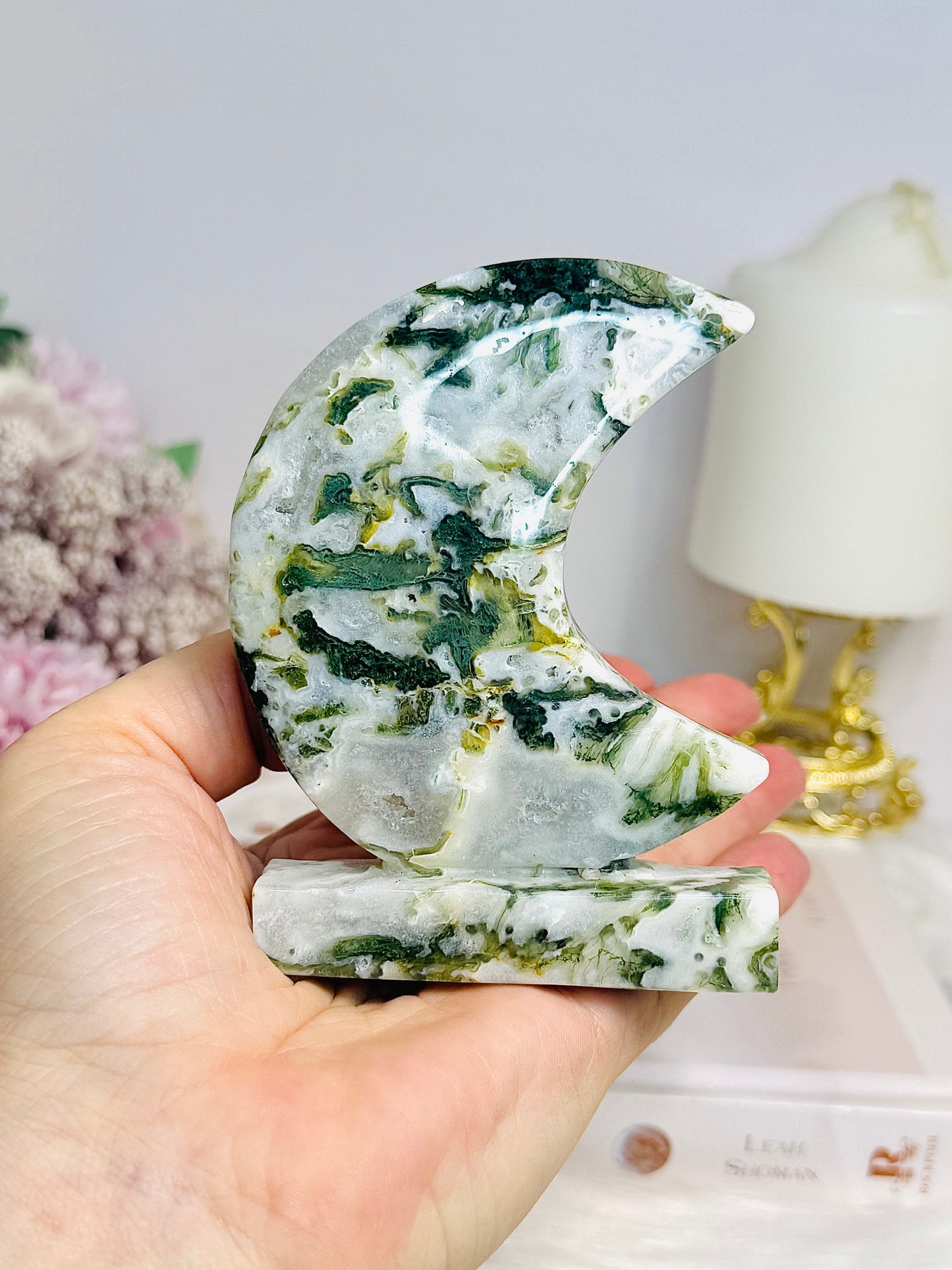 Moss Agate Druzy Moon On Stand 10cm 240g