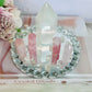 Rose Quartz Set ~ Beautiful 15cm Diamanté Mirror Tray with Chunky Selenite Tower, 4 Rose Quartz Towers & Clear Quartz Chips