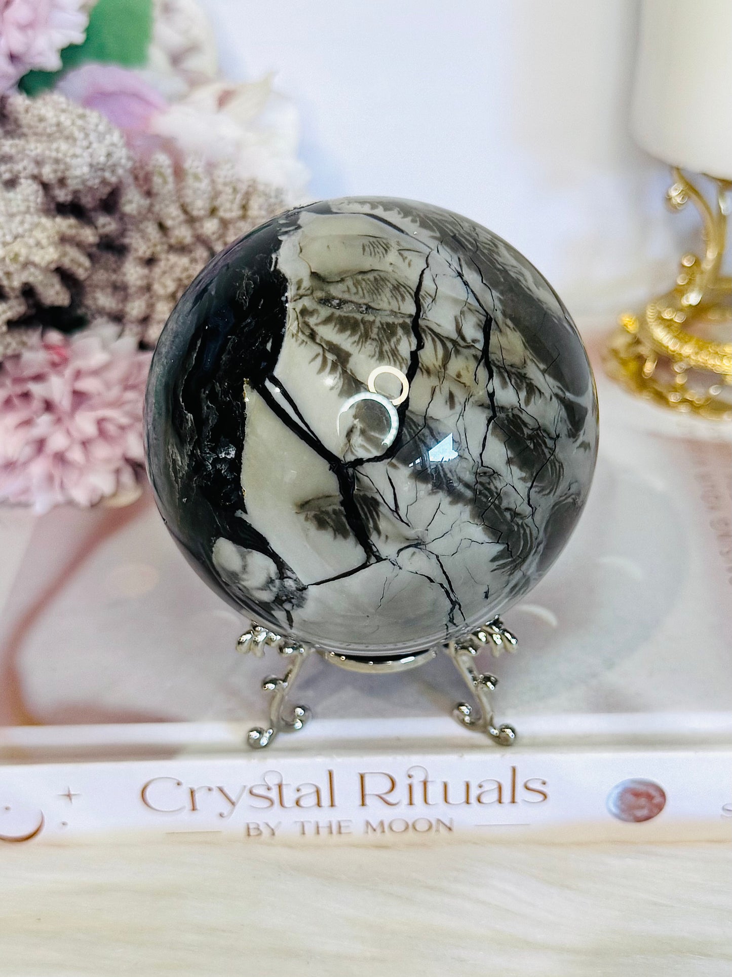 Natural Volcano Agate Druzy Sphere UV Reactive On Stand 607grams