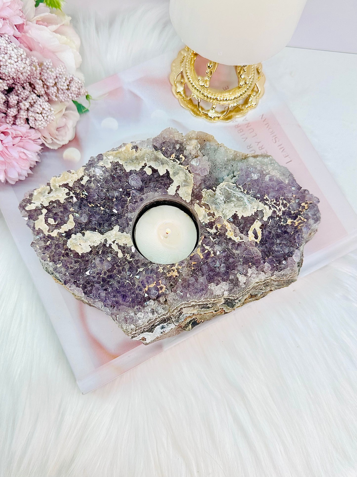 Stunning Large 1.26KG 20cm Amethyst Cluster Candle Holder With Gorgeous Calcite Inclusions From Brazil