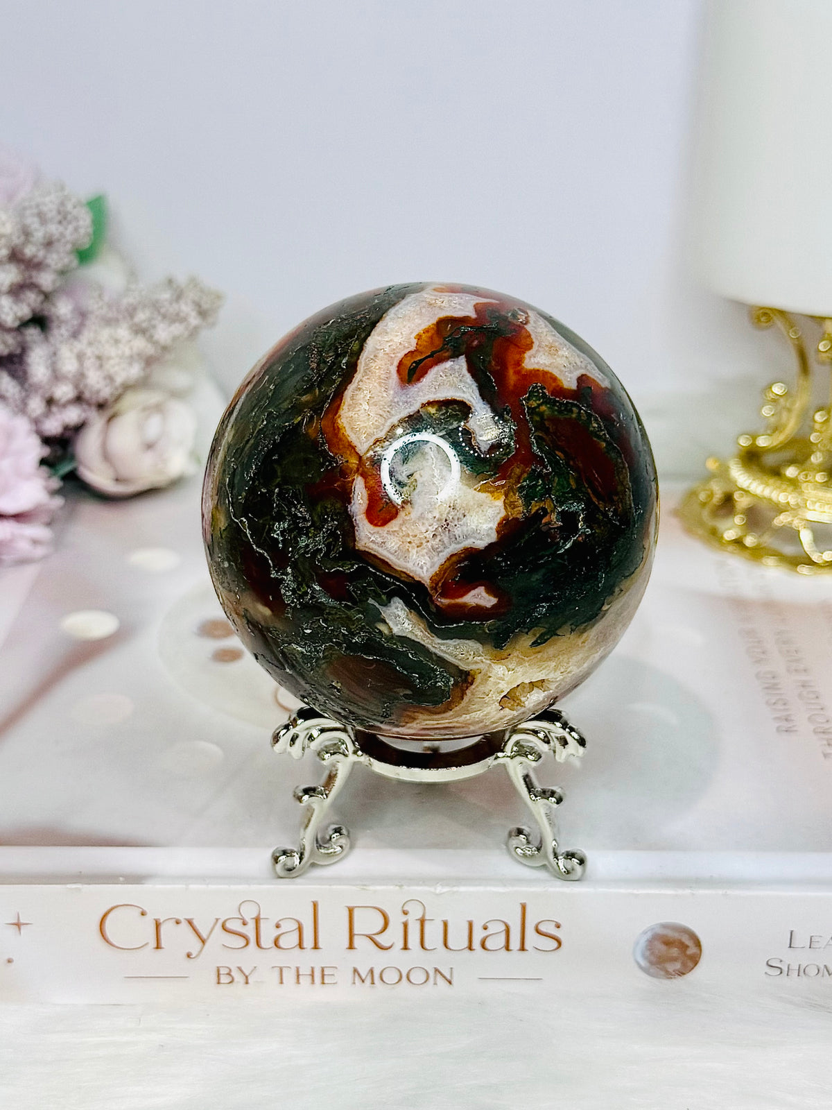 Large Druzy Red Moss Agate Sphere on Stand 510g