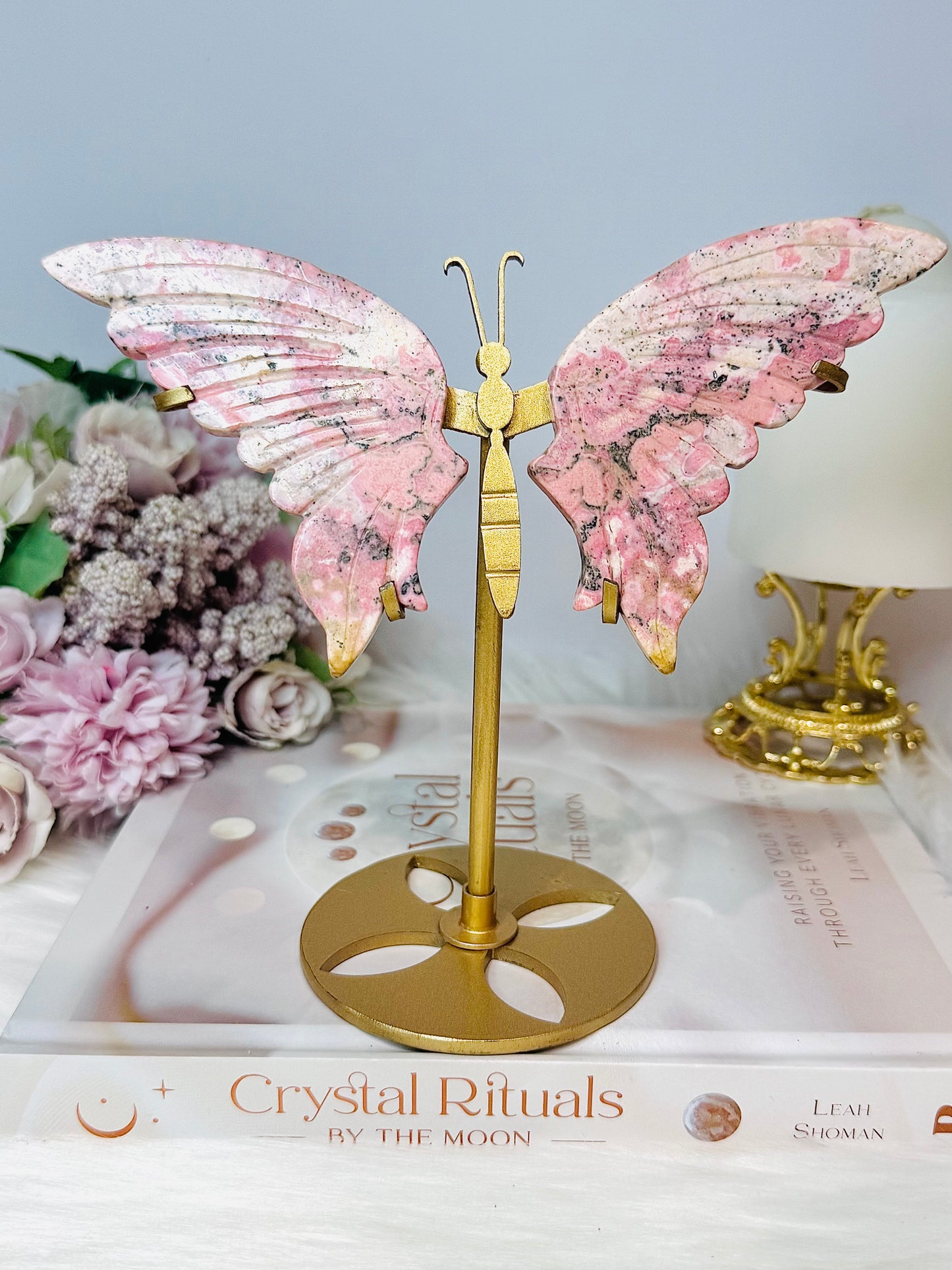 Pink Peruvian Rhodonite Butterfly Wings on Stand 16cm
