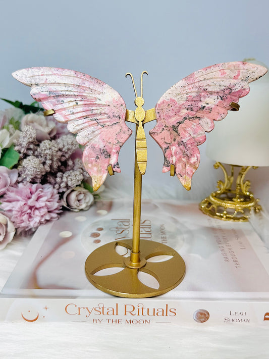 Pink Peruvian Rhodonite Butterfly Wings on Stand 16cm