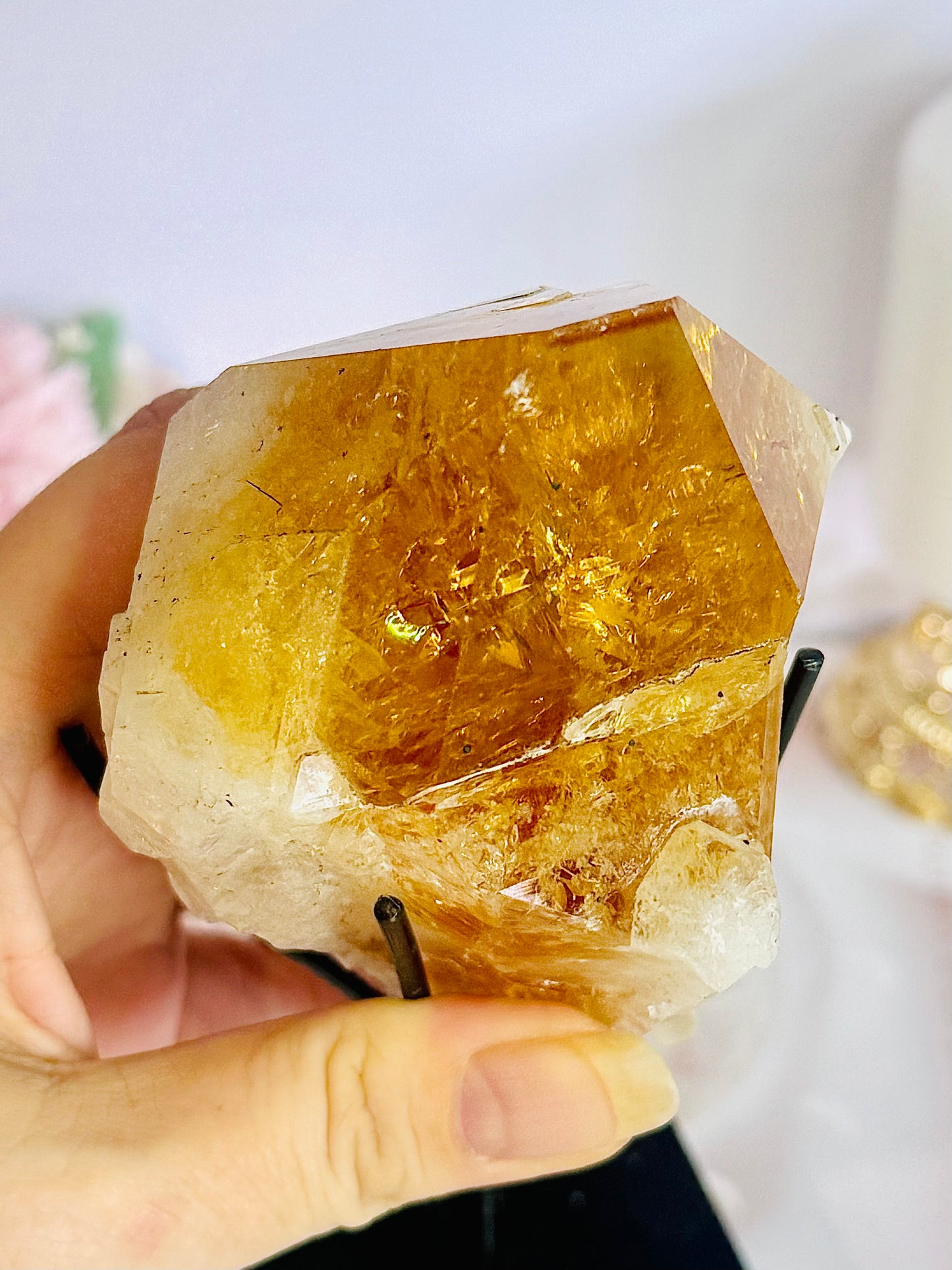 Incredible Large Citrine Freeform Full Of Rainbows On Custom Stand (Heat Treated)