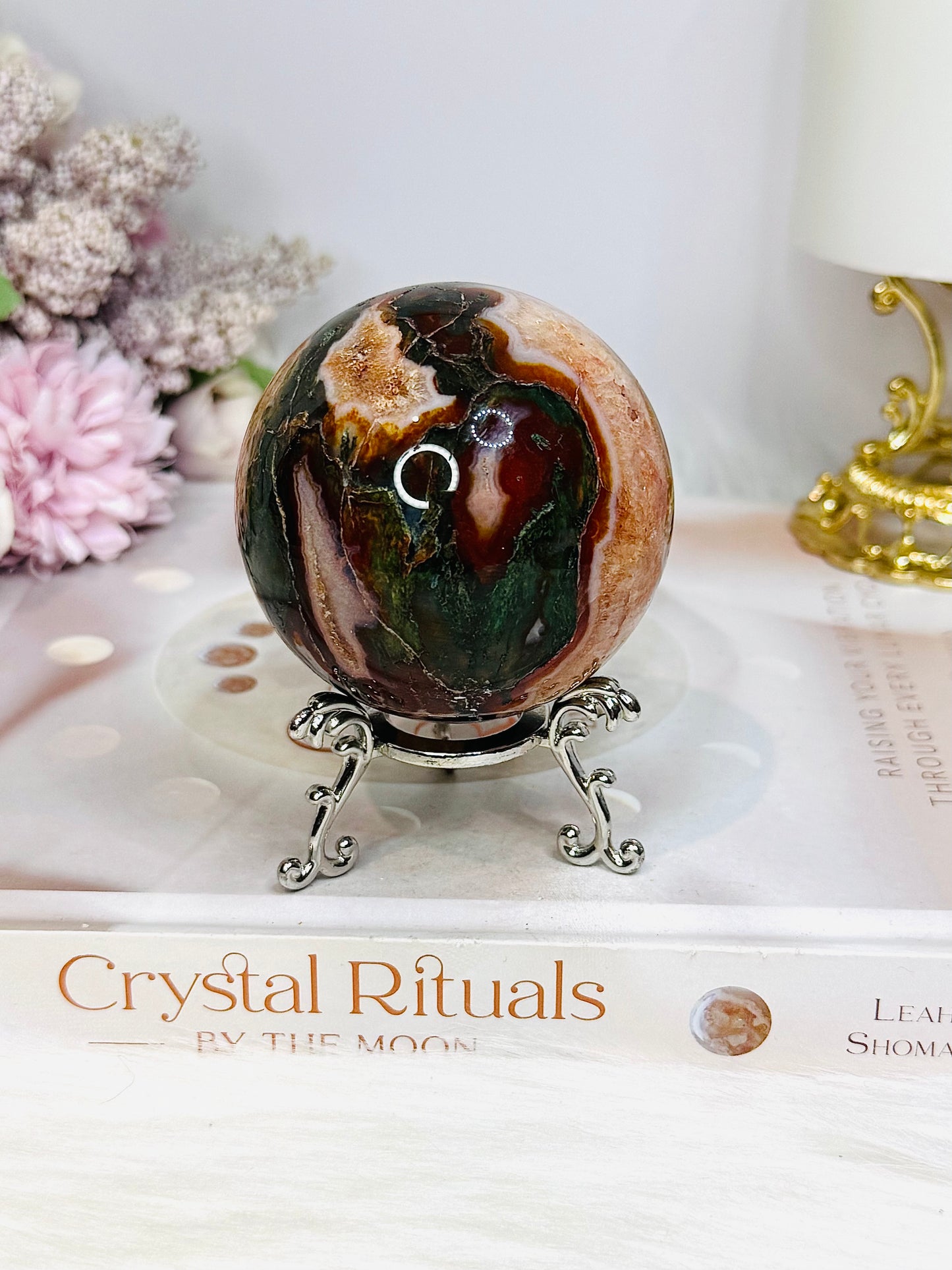 Red Moss Agate Sphere On Stand 331g