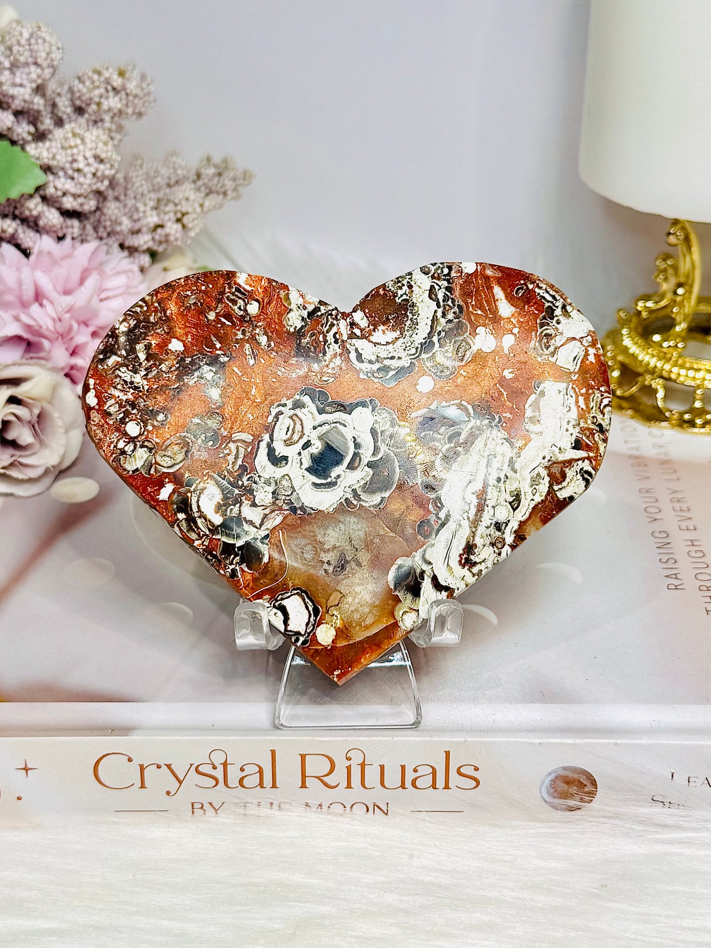 Large Money Agate Carved Heart On Stand 10.5cm