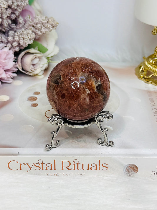 High Grade Sparkling Gold Sunstone X Moonstone Sphere on Stand 161g