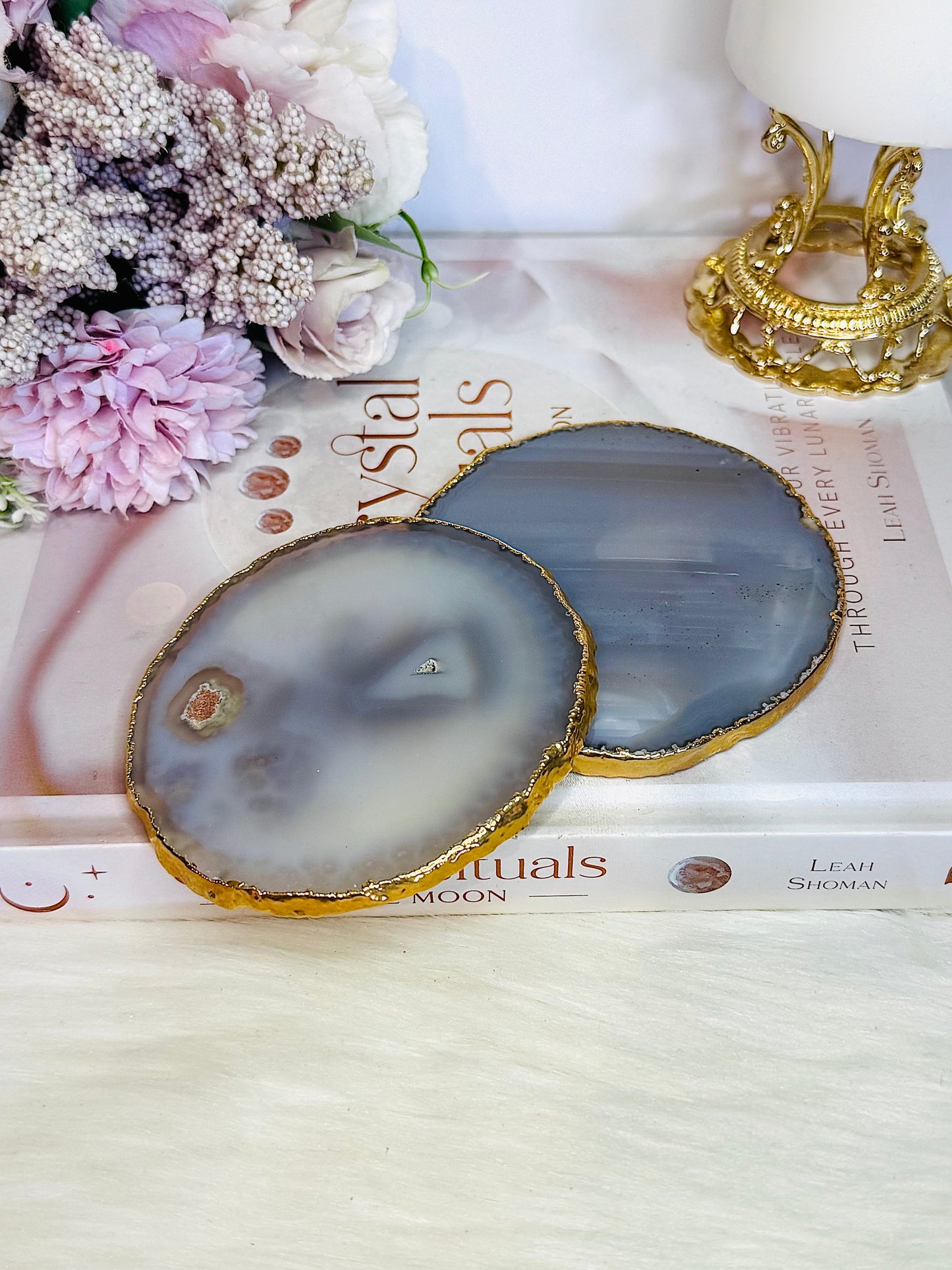 💰💰 DOUBLE DEAL 💰💰 Set of 2 Blue Agate Coasters with Gold Plated Edging