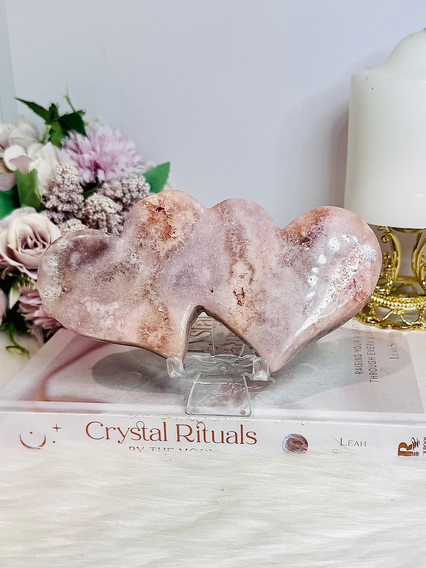Large Pink Amethyst Druzy Double Hearts On Stand 15cm Long 473g