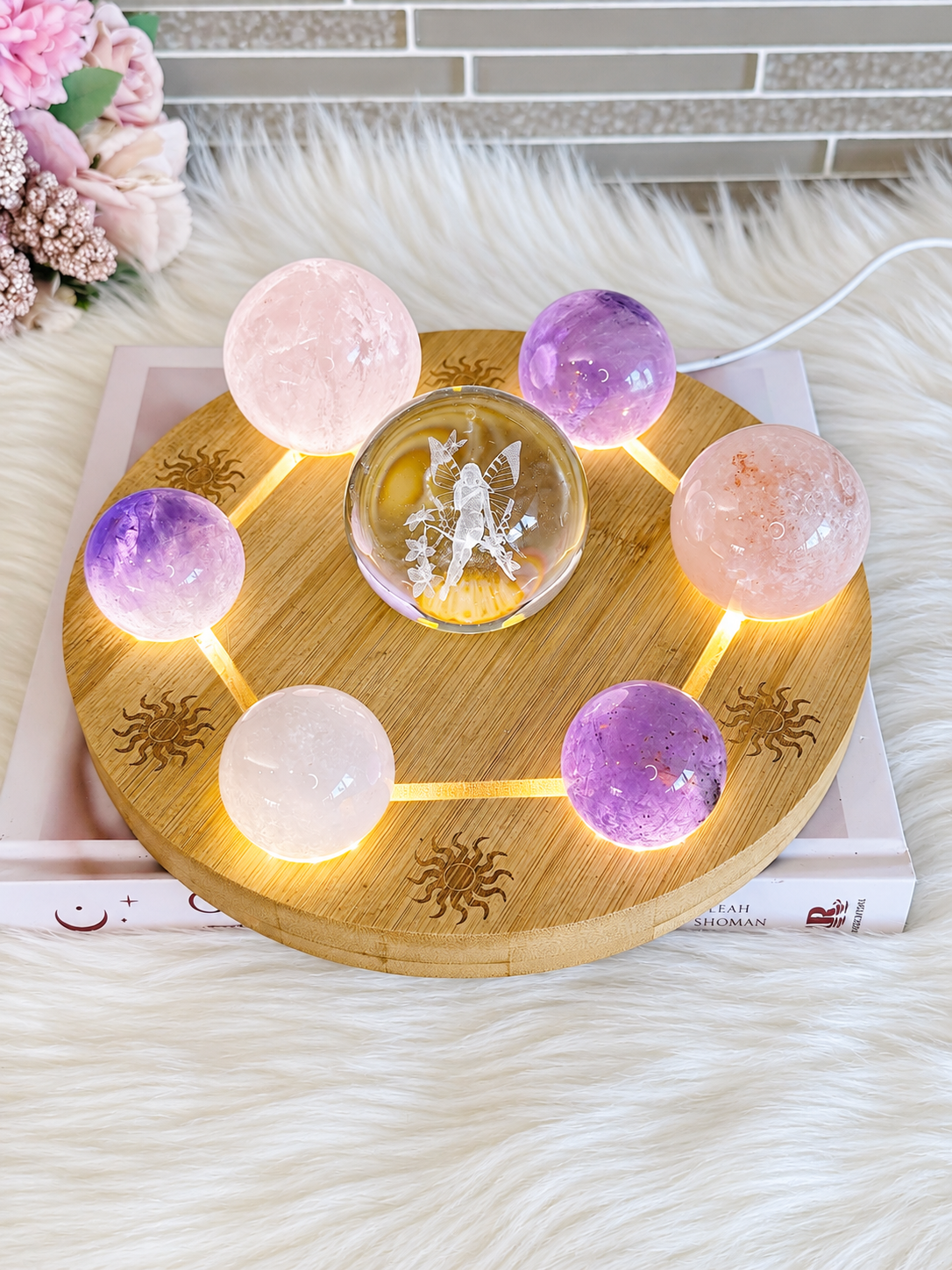 Feminine Energy ~ Large Light Stand 20cm with Glass Fairy Sphere, 3 Amethyst Spheres, Rose Quartz Sphere & 2 Pink Amethyst Spheres