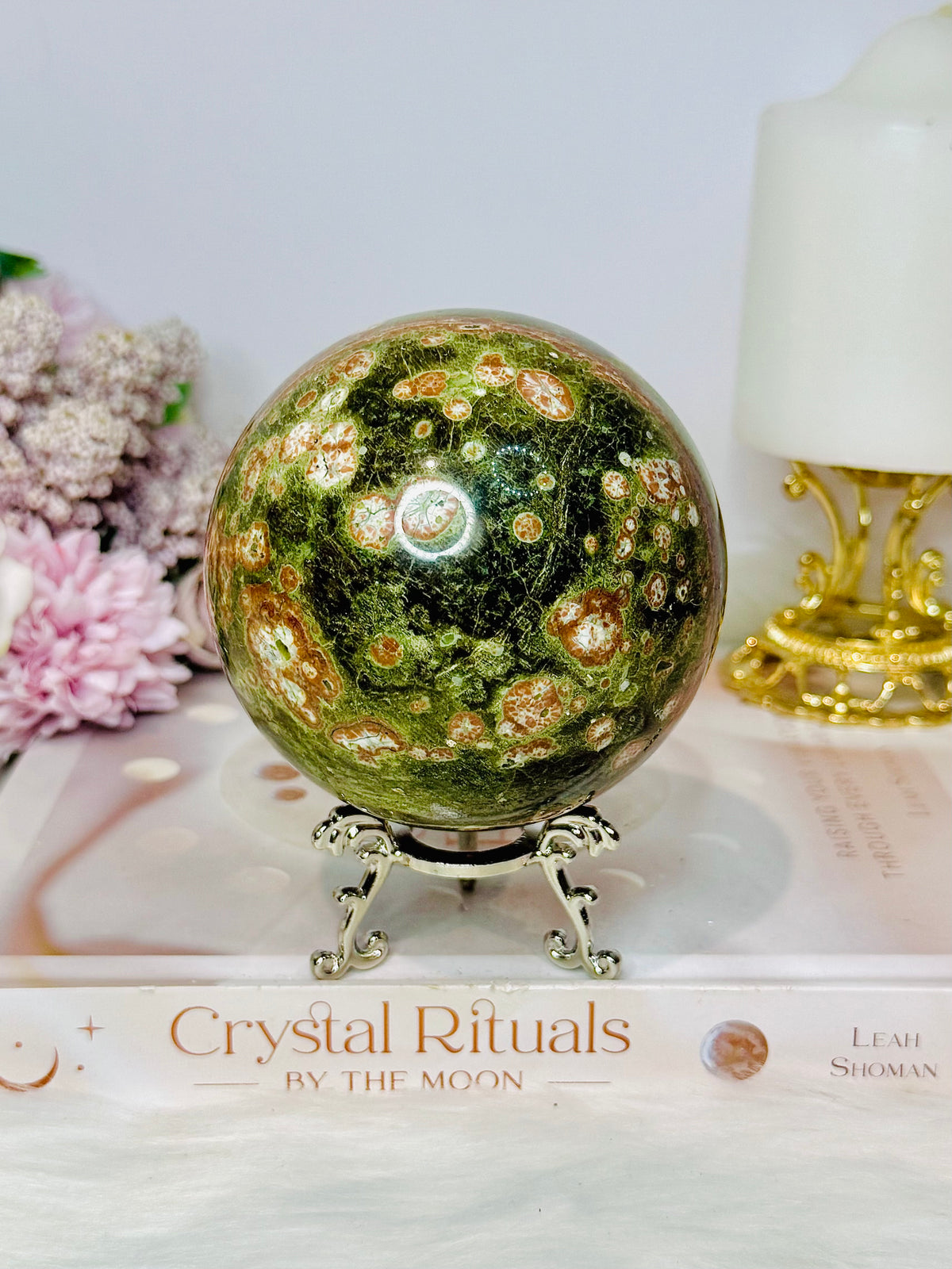 Large Green Cherry Jasper Sphere on Stand 825g