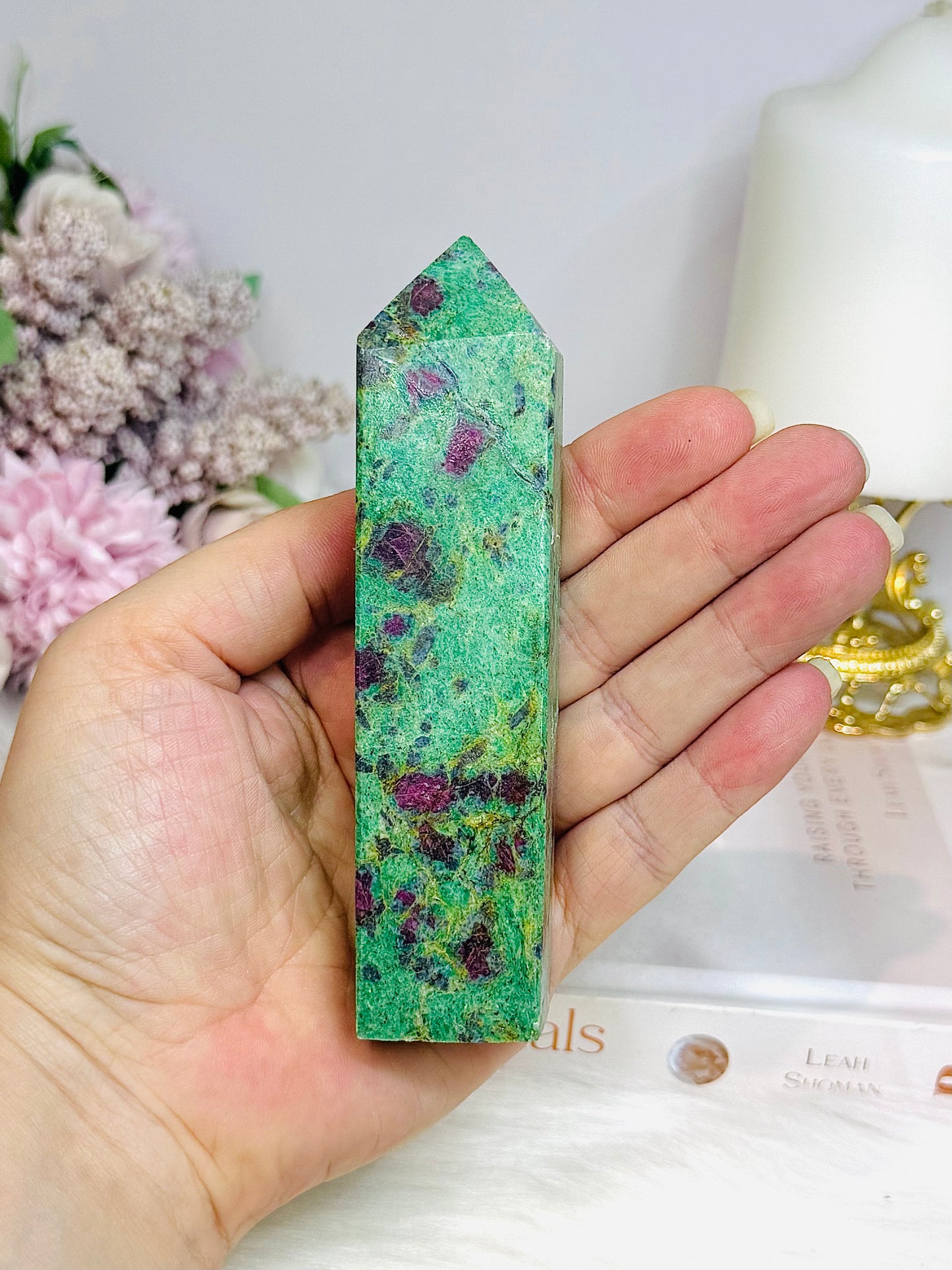 Ruby Fuchsite Tower 12cm ~ Reduced as has been broken & repaired