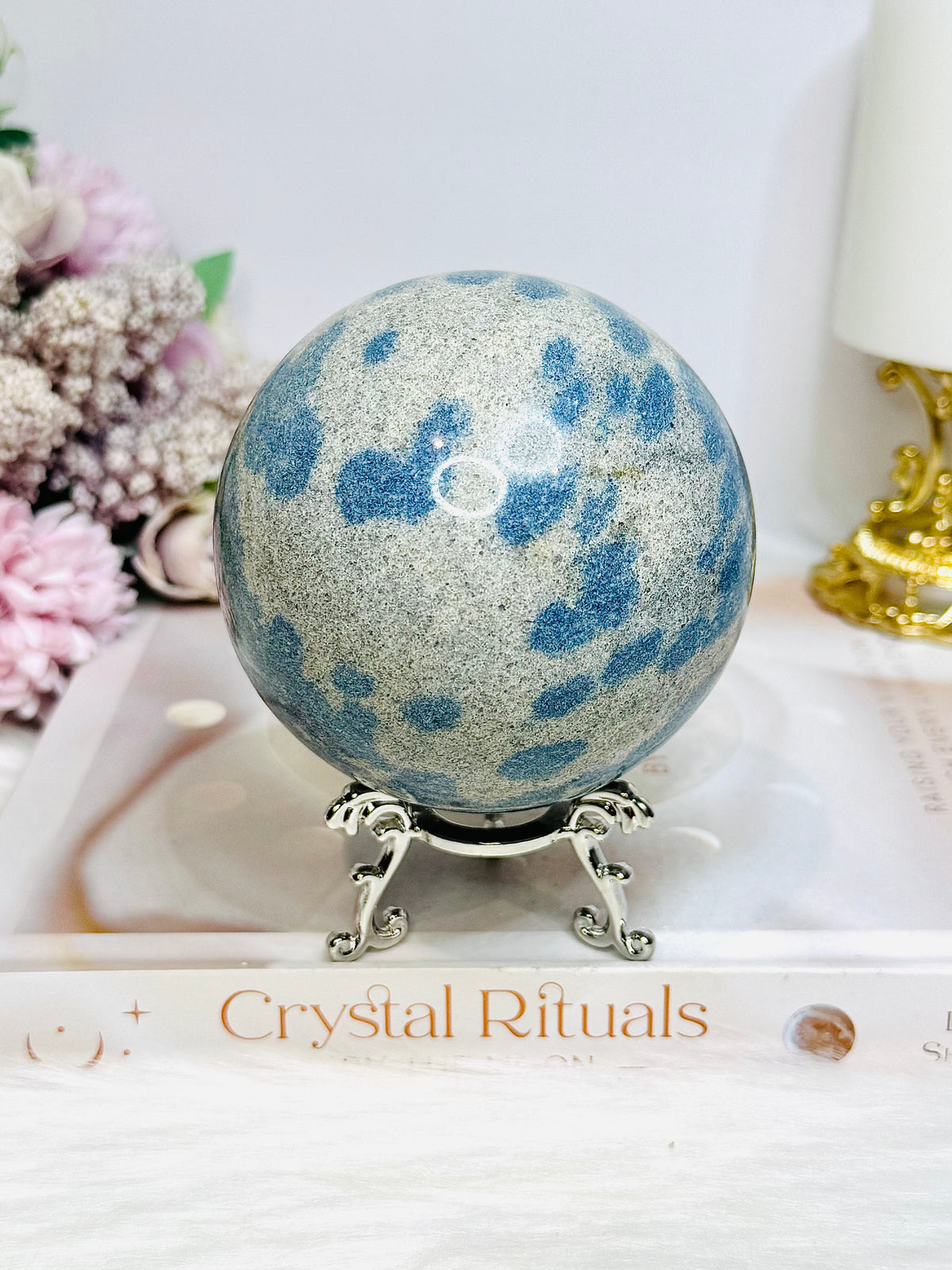 Large K2 Granite with Azurite Sphere On Stand 770g