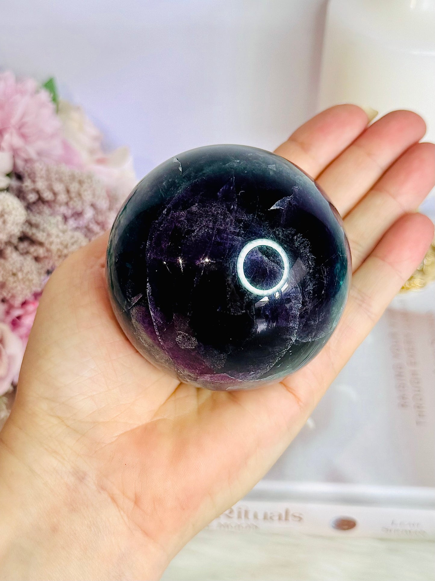 Incredibly Stunning Large 598gram Rainbow Fluorite Sphere On Stand with Amazing Rainbows