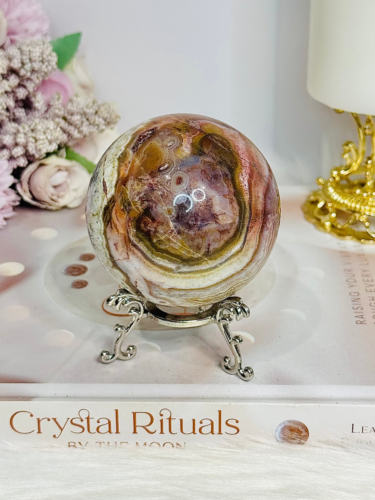 Large Mexican Crazy Lace Agate Druzy Sphere on Stand 376g