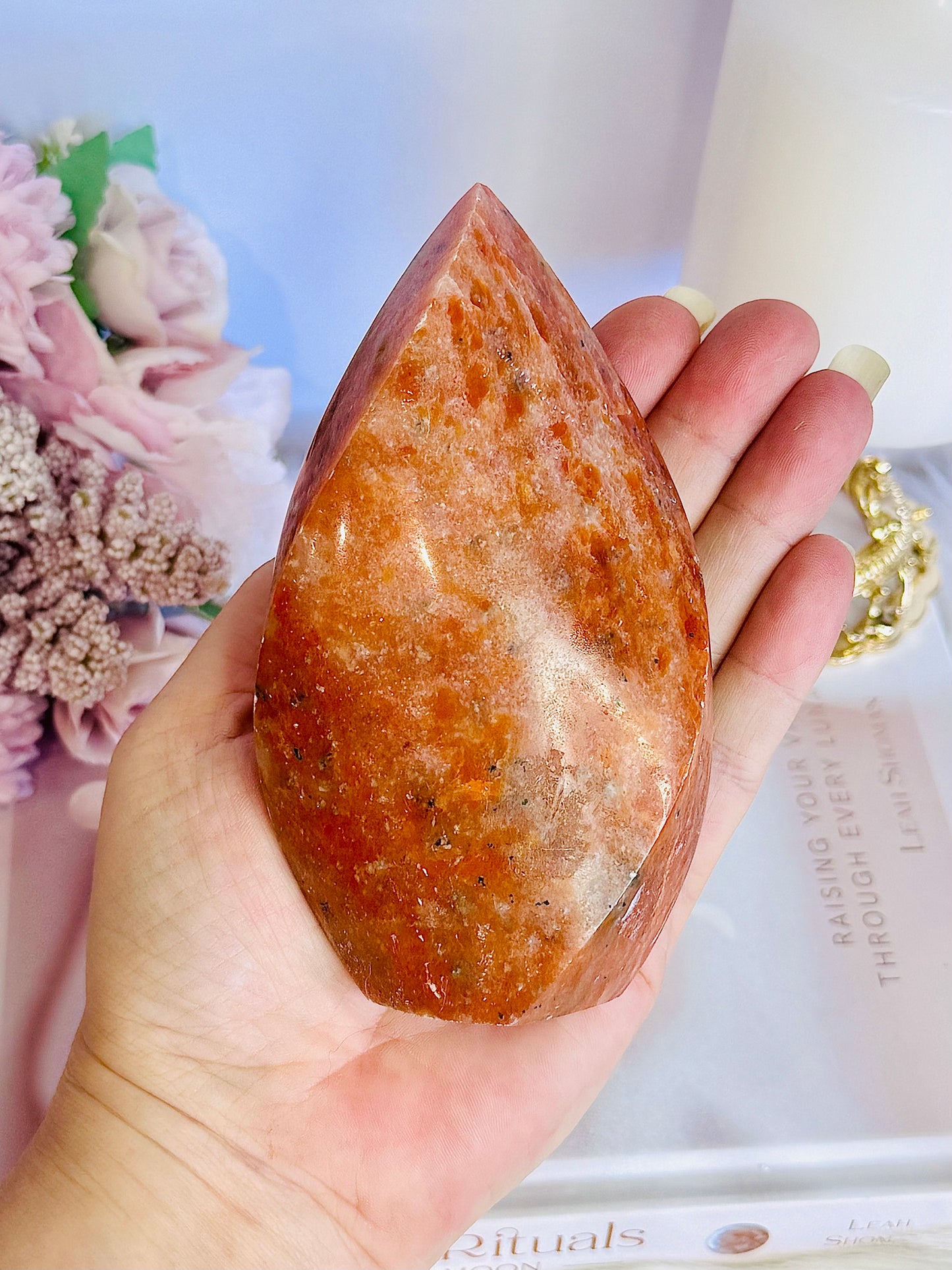 Incredible Large Orange Sunstone Carved Flame | Freeform 12cm 485grams