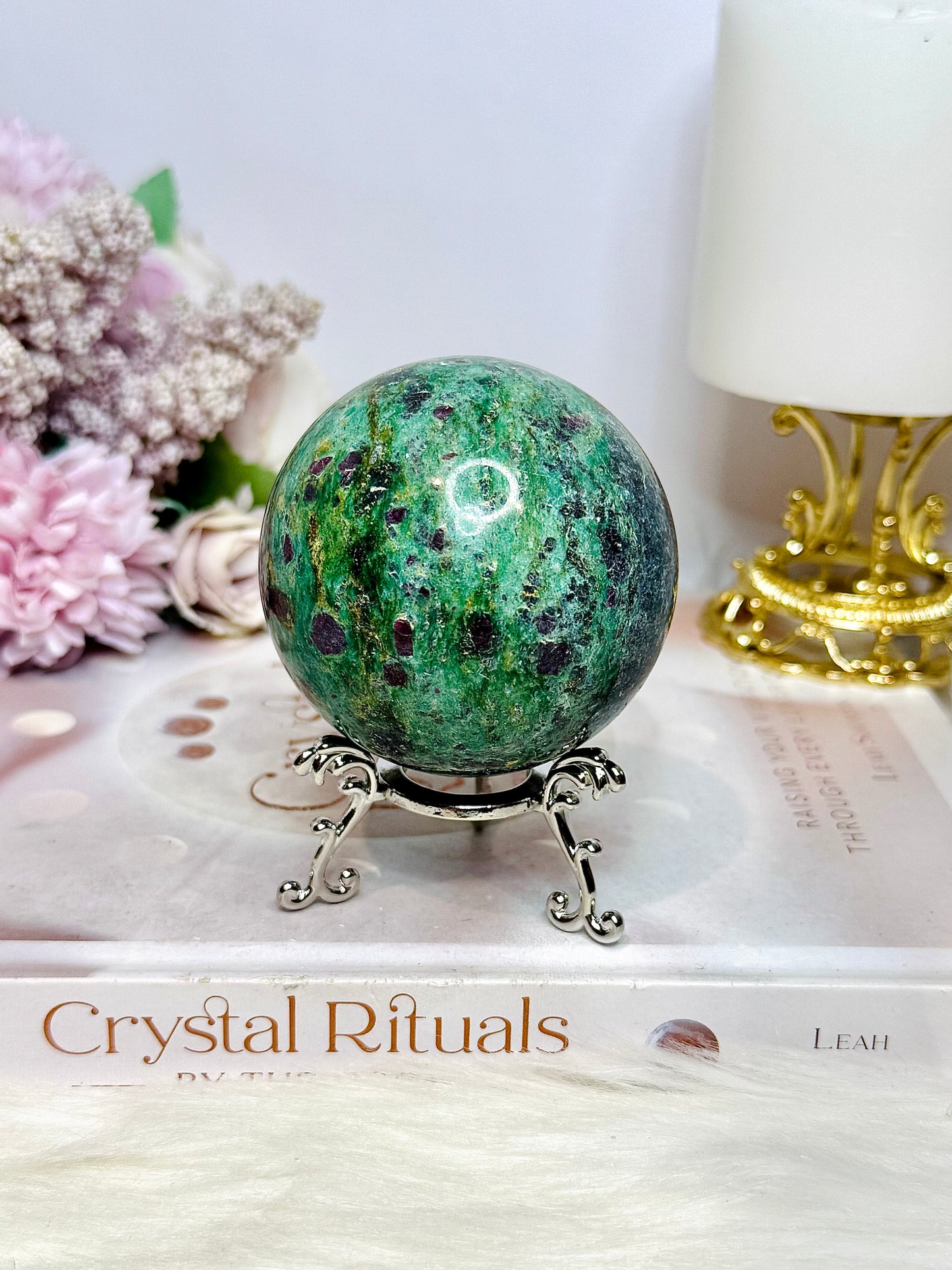 Large Ruby Fuchsite Sphere on Stand UV Reactive 422g