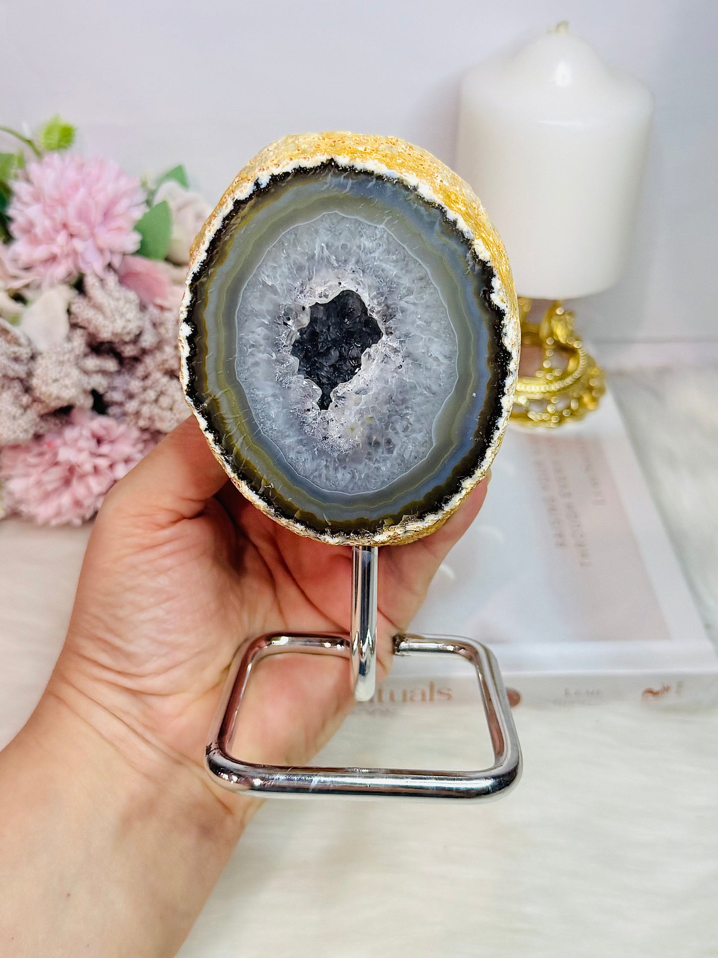 Natural Agate Geode On Silver Stand 14.5cm