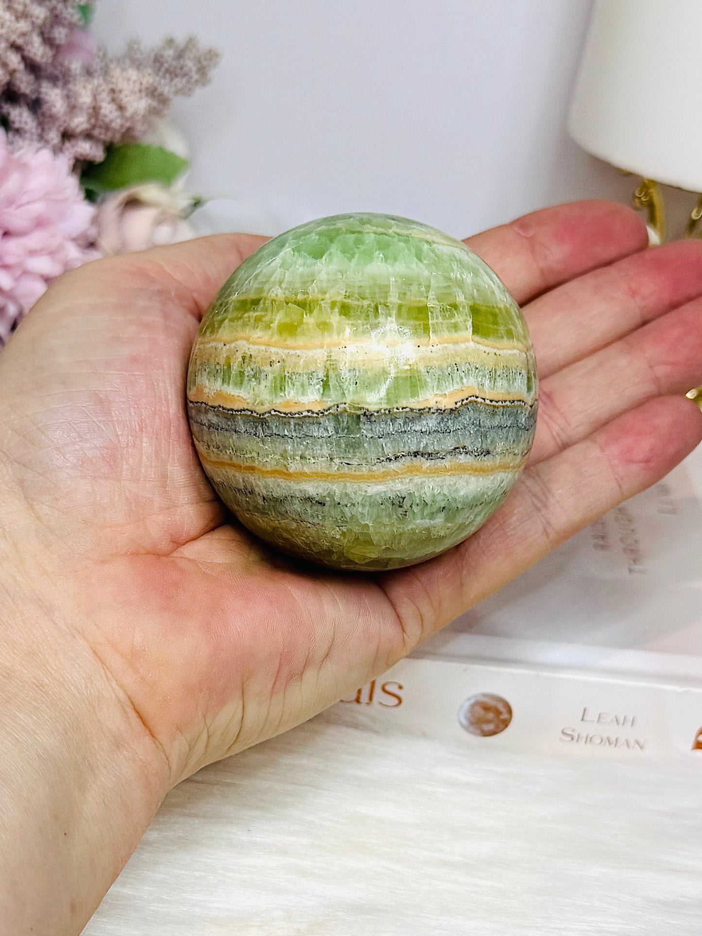 Green Calcite Sphere on Stand 338g