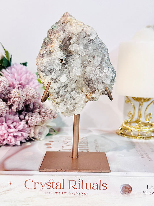 Absolutely Gorgeous Shiny Zeolite | Flower Amethyst Slab On Rose Gold Stand From Brazil 14.5cm