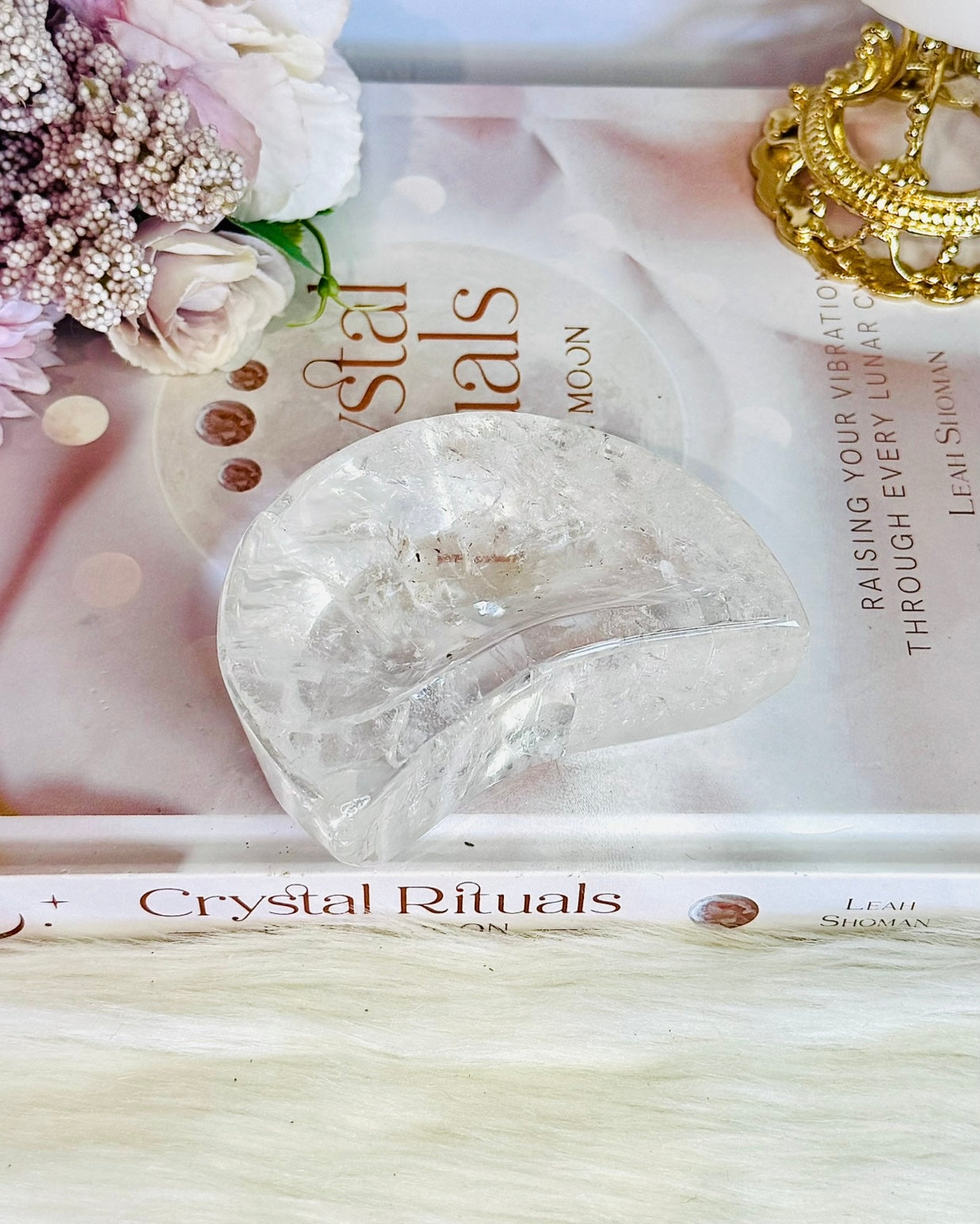 High Grade Clear Quartz Chunky Moon Bowl with Rainbows 9cm