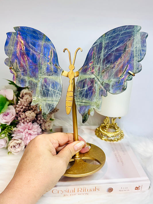 Large Labradorite Butterfly Wings With Purple Flash 21cm Tall