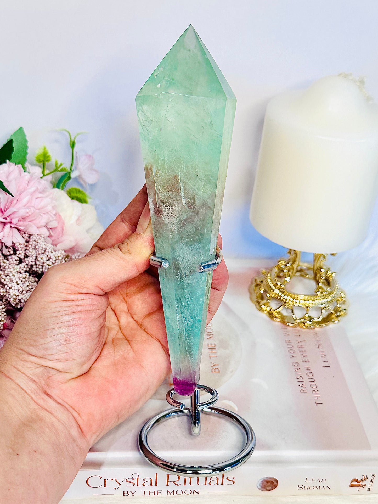 Absolutely Stunning Large 21.5cm Green Fluorite Obelisk | Tower | Wand on Silver Stand