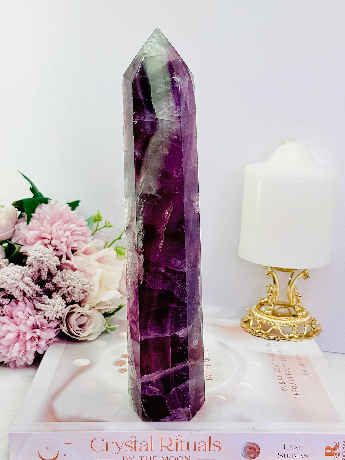 Fabulous Tall 23.5cm 968gram Purple Fluorite Tower with Rainbows