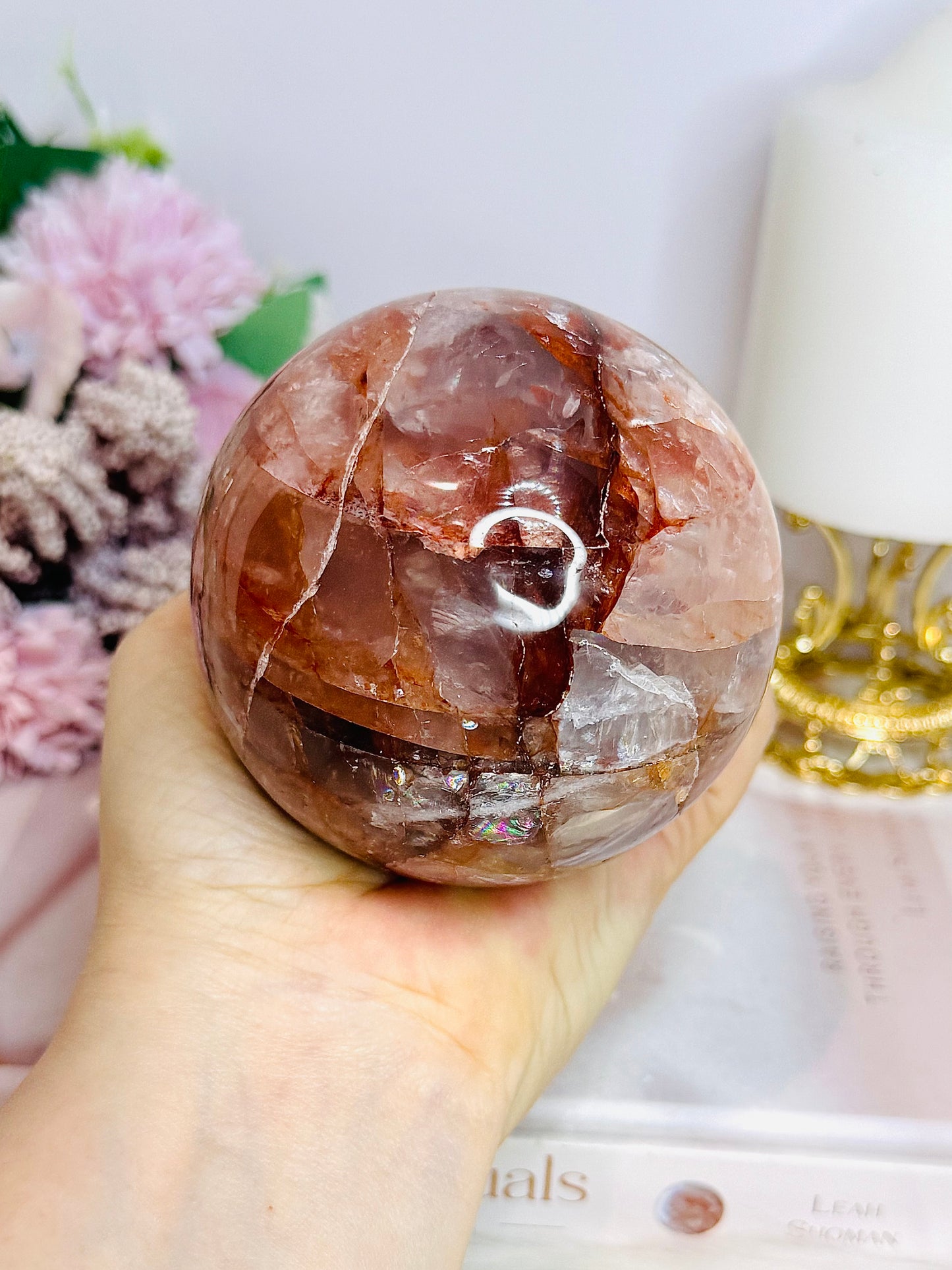 High Grade Large Fire Quartz | Hematoid Quartz Sphere with Rainbows on Stand 725g