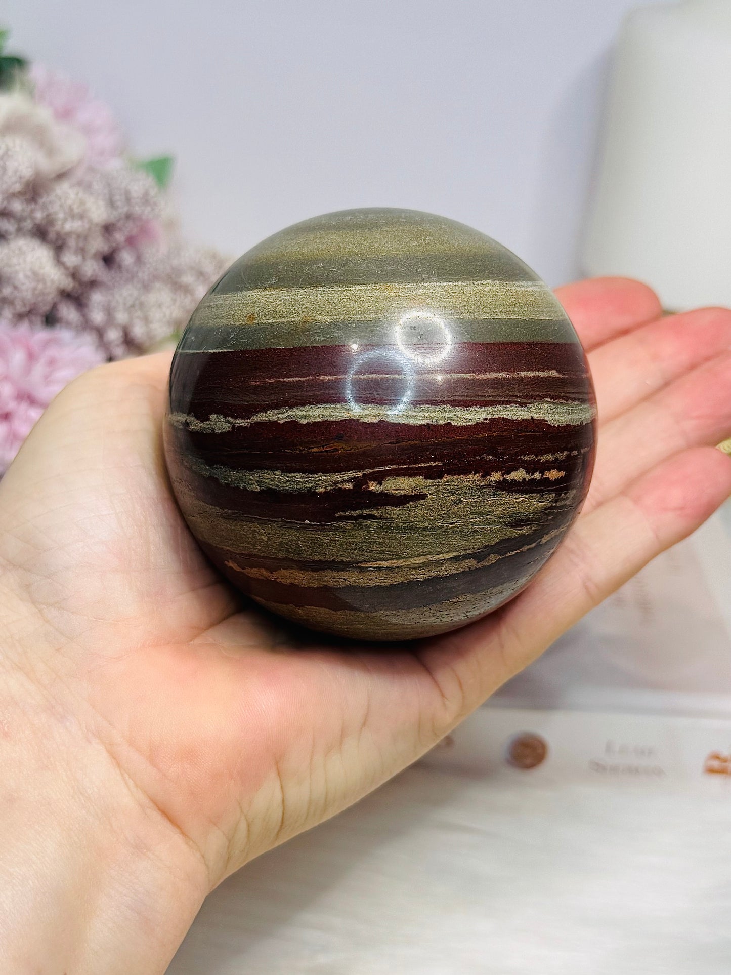 Large Zebra Rock Sphere on Stand 546g