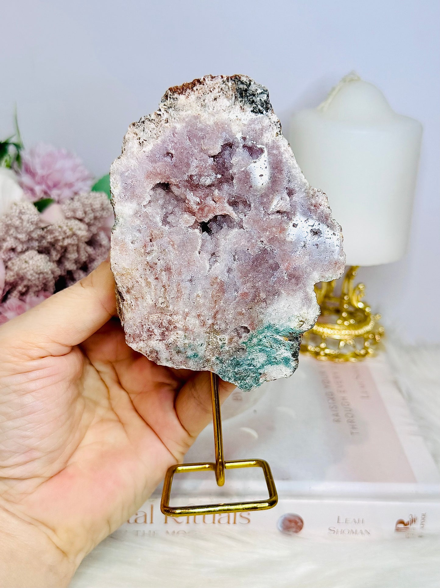 Natural Pink Amethyst Druzy Slab on Gold Stand 15cm