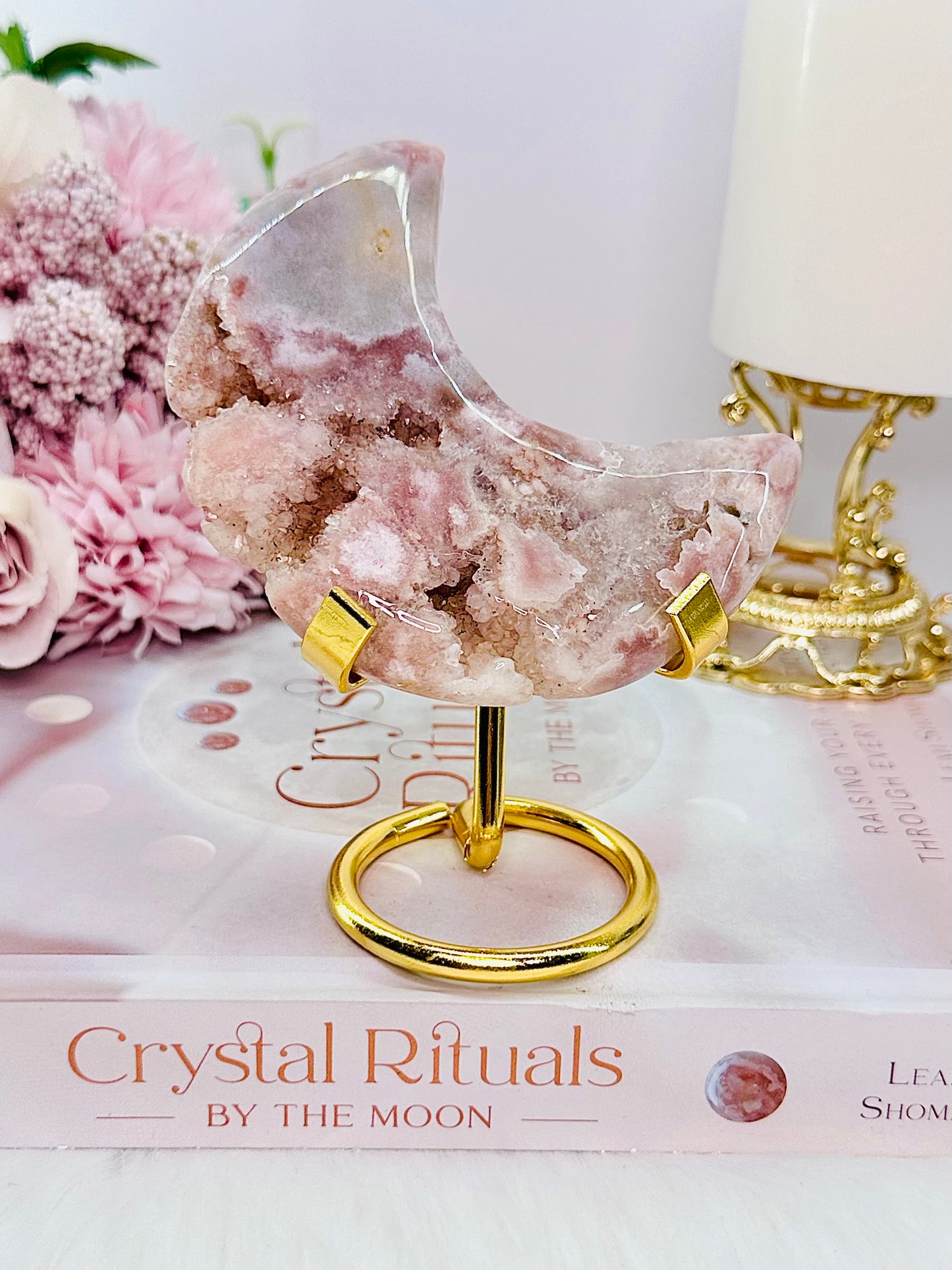 Classy & Fabulous High Grade Druzy Pink Amethyst Moon On Gold Stand 11.5cm