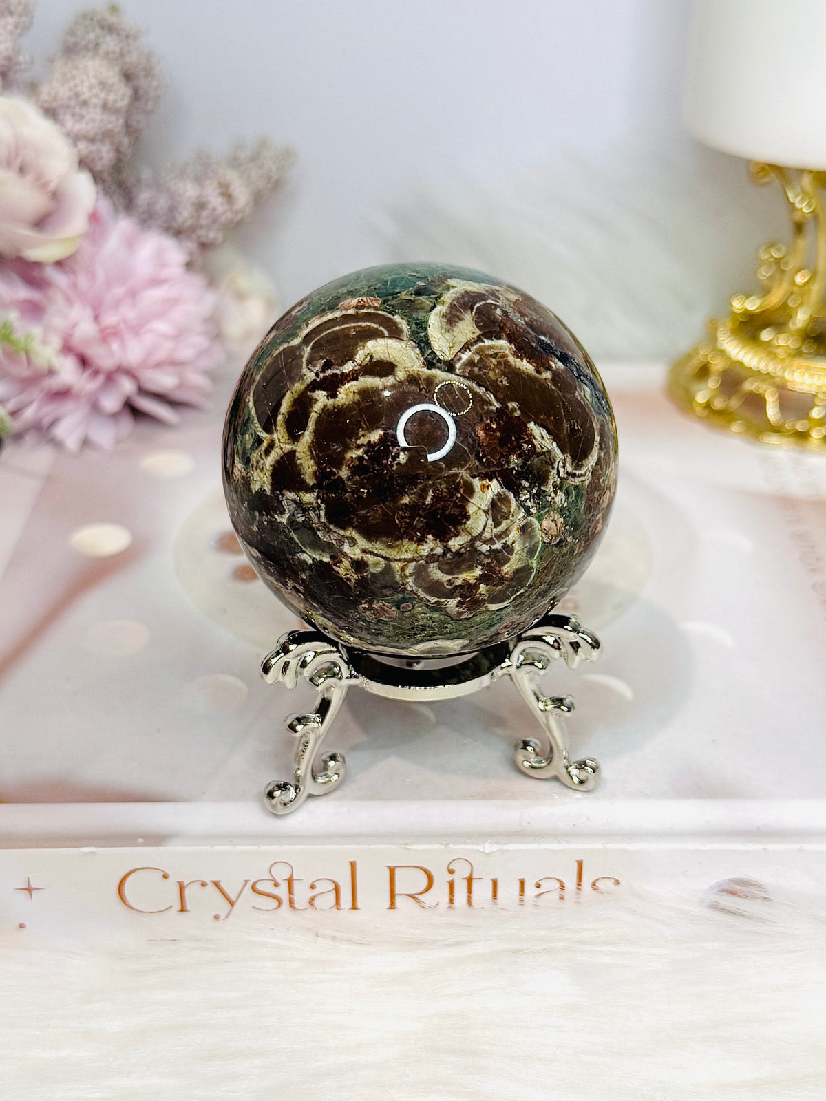 Green Sakura Agate Sphere On Stand 264g