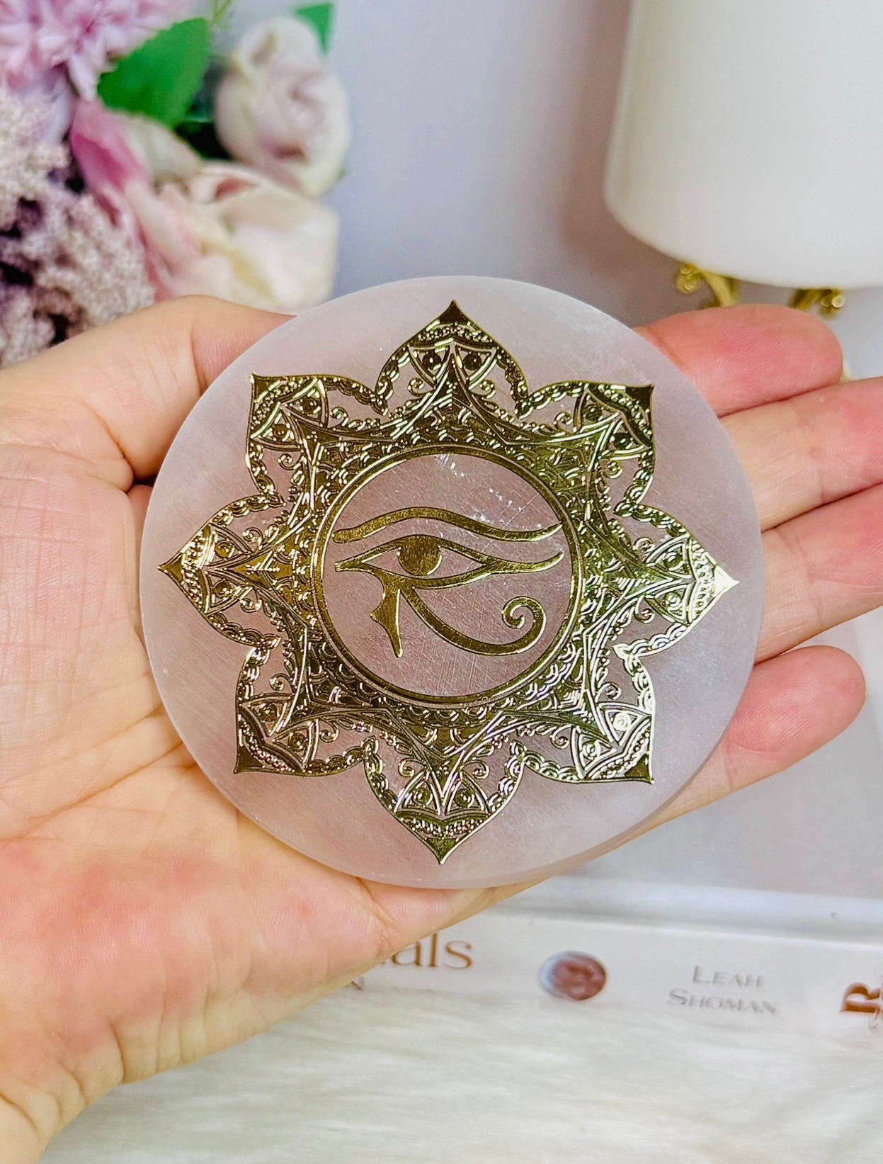 Selenite Slab with Gold Third Eye Carving on Stand 9cm